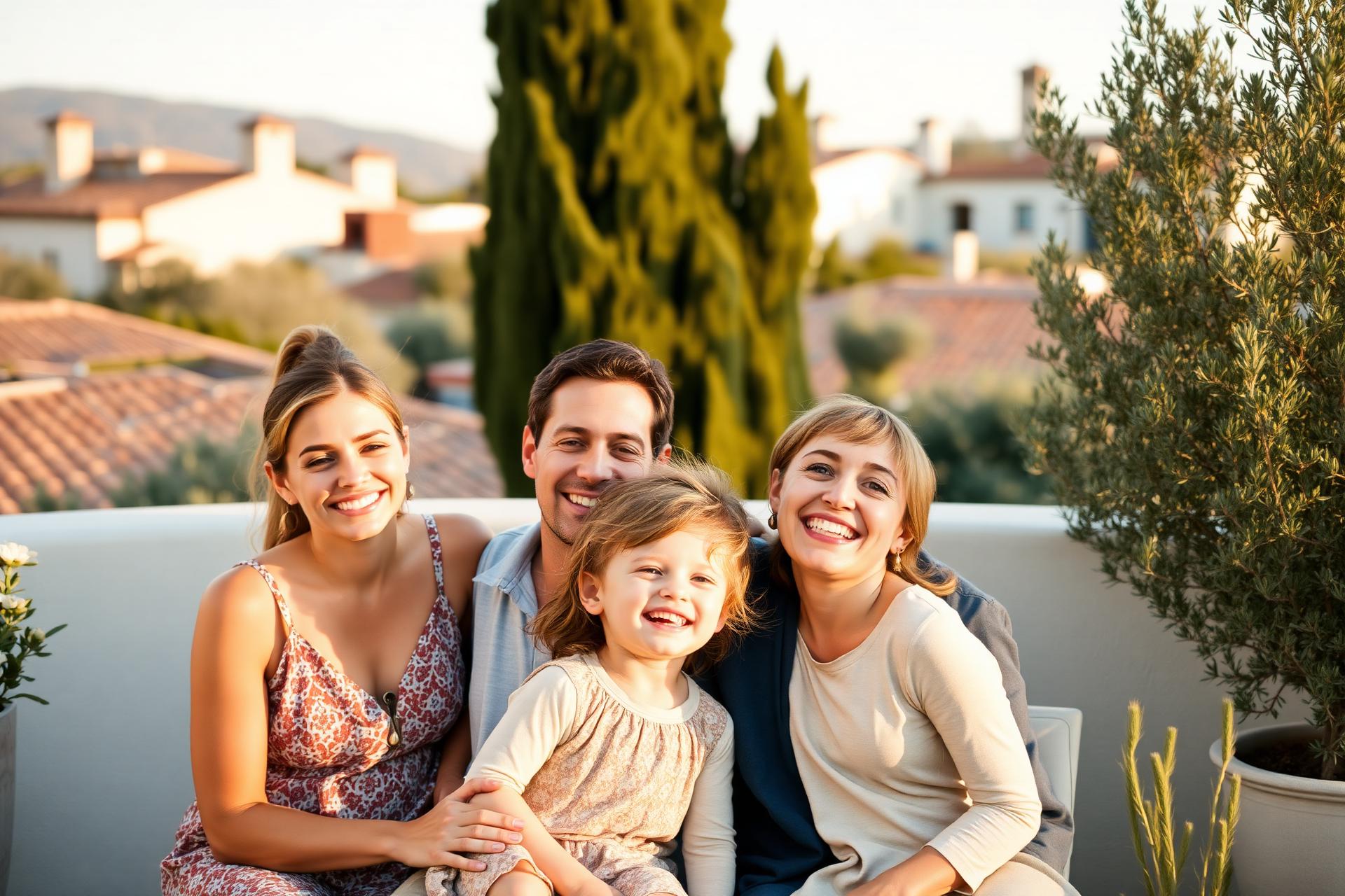 Familia sonriente disfrutando en una terraza mediterránea